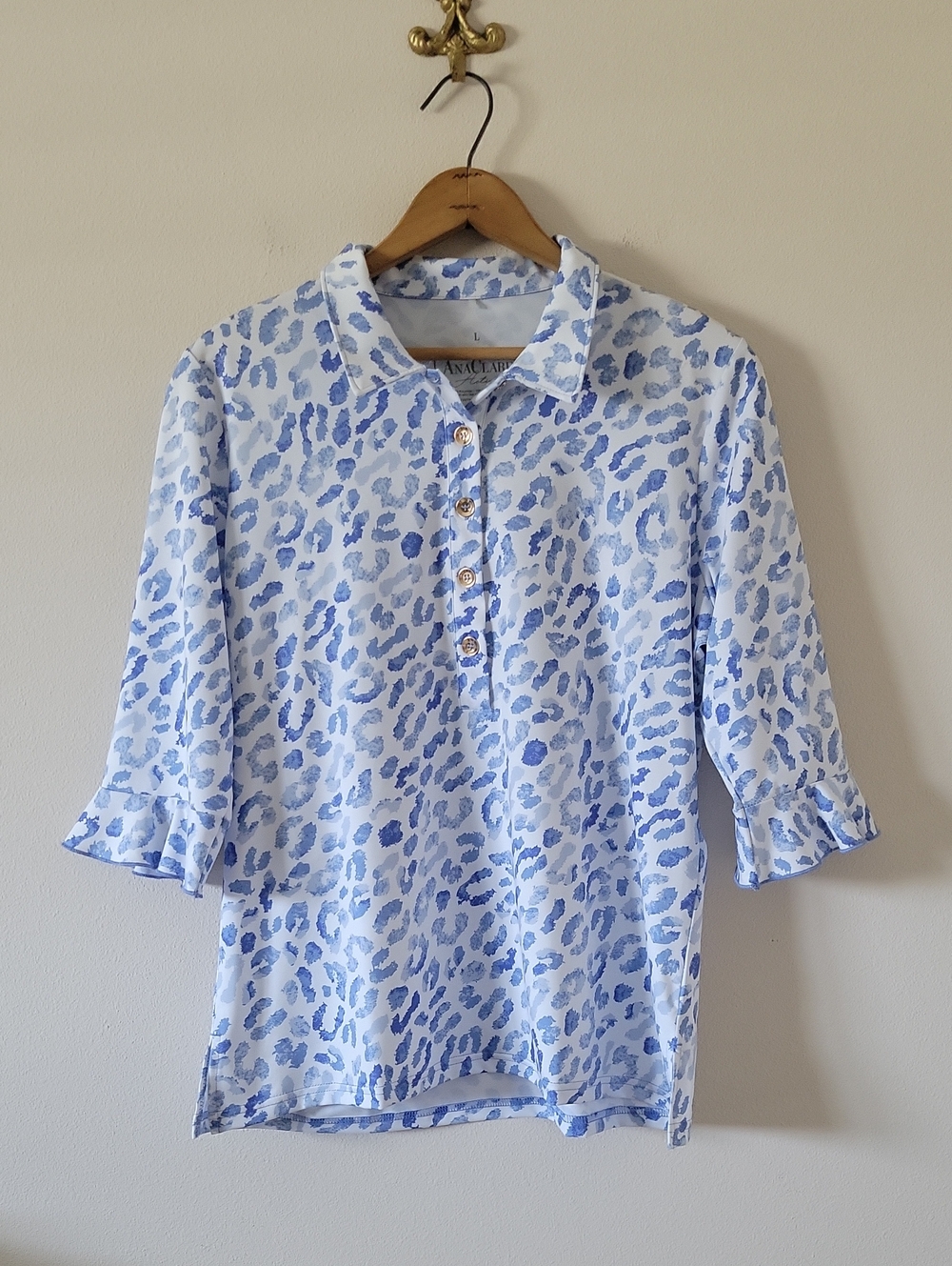 NWT Ana Clare Active Blue White Mira Flounce Sleeve Polo Size Large